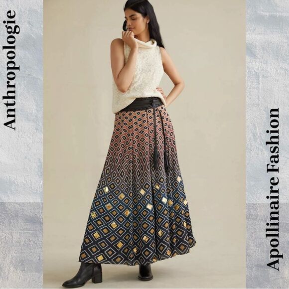 ANTHROPOLOGIE DIAMOND PRINT MAXI SKIRT BLUE MOTIF SP NWT - Picture 1 of 11